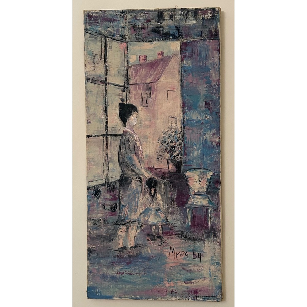 Vintage 1964 Myra Signed Impressionist Oil Painting Mother Child Mid Century Art